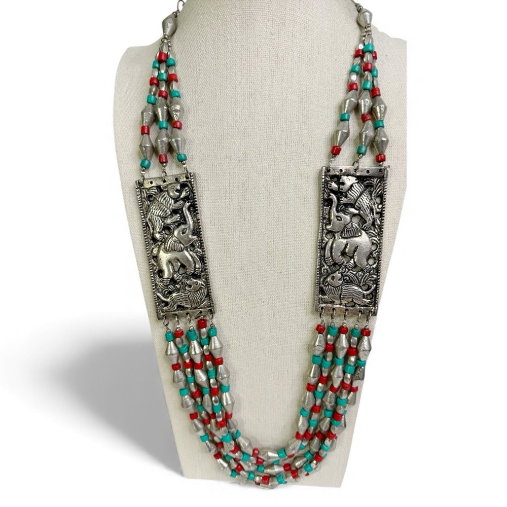 Hand Crafted Multistrand Silver-Tone Necklace with Red and Turquoise Beads